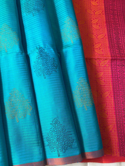 Aqua Blue Soft Silk Saree With Green and Black Floral Print and Orange Pallu - MIRASILKS Aqua Blue Soft Silk Saree With Green and Black Floral Print and Orange Pallu 