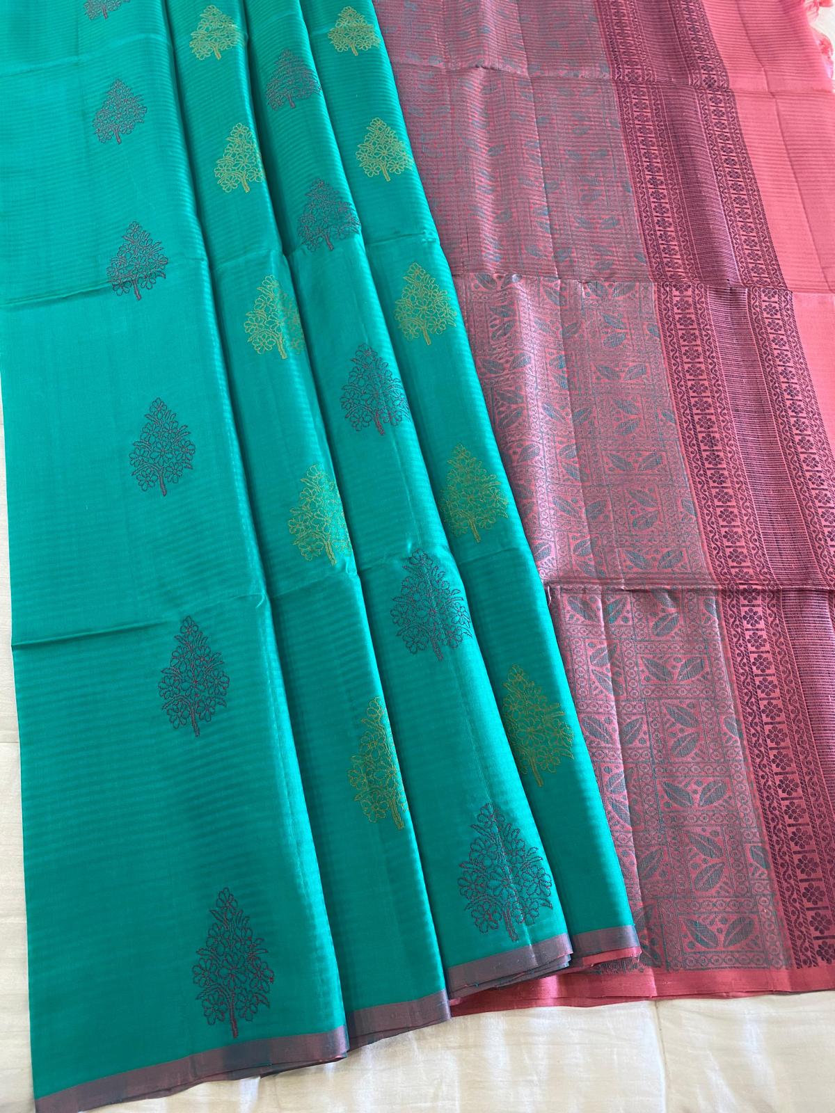 Topaz Blue Soft Silk Saree With Blush Pink Pallu