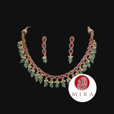 Green and Pink Kundan Jewelry Set of Necklace and Earrings - MIRASILKS Green and Pink Kundan Jewelry Set of Necklace and Earrings 