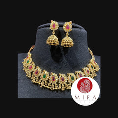 Pink and Green Stone Jewelry Set of Choker and Jhumkas With Hanging Golden Beads