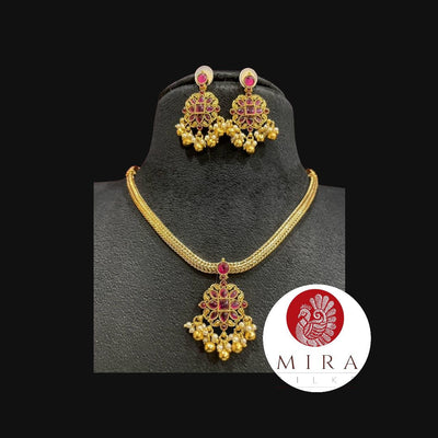 Ruby Pink Stone Attigai Jewelry Set of Necklace and Earrings - MIRASILKS Ruby Pink Stone Attigai Jewelry Set of Necklace and Earrings 