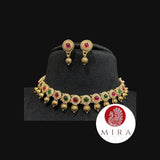 Antique Jewelry Set of Pink and Green Stone Necklace and Earrings - MIRASILKS Antique Jewelry Set of Pink and Green Stone Necklace and Earrings 