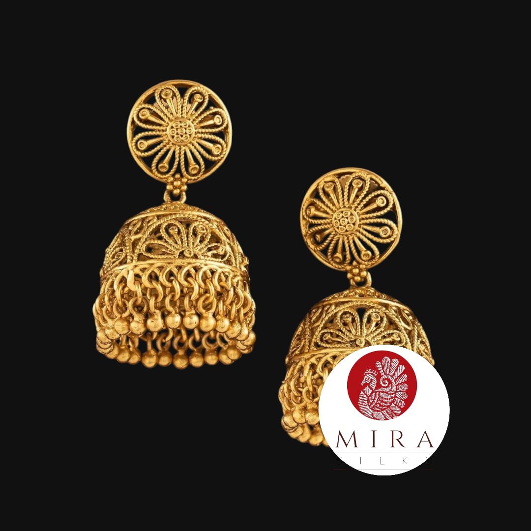 Traditional Golden Jhumka Set With Floral Design