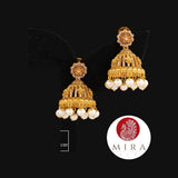 Golden Jhumka Set With Dangling Pearls - MIRASILKS Golden Jhumka Set With Dangling Pearls 