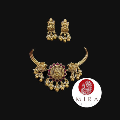 Mahalakshmi Nakshi Jewelry Set of Choker and Earrings With Pink Stones - MIRASILKS Mahalakshmi Nakshi Jewelry Set of Choker and Earrings With Pink Stones 