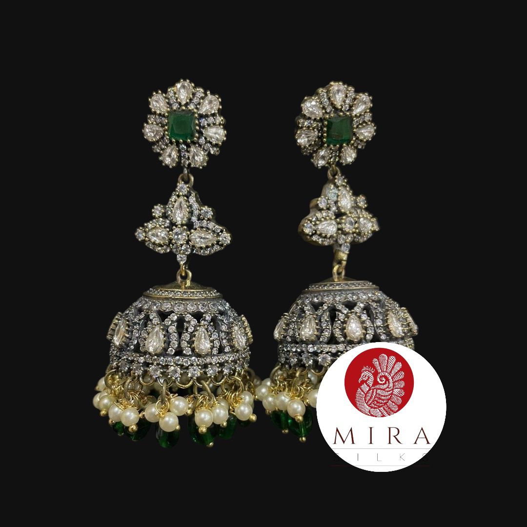 Long Jhumka Set With American Diamonds and Pearls