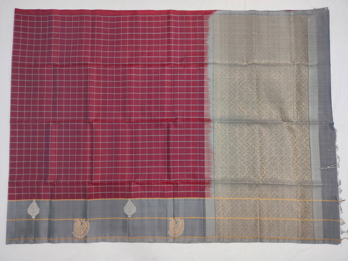 Burgundy Checkered Soft Silk Saree Grey Pallu