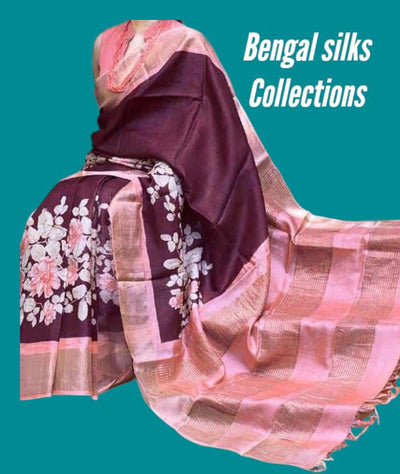 Floral Wine Bengal Silk Saree With Coral pink Pallu - MIRASILKS Floral Wine Bengal Silk Saree With Coral pink Pallu 