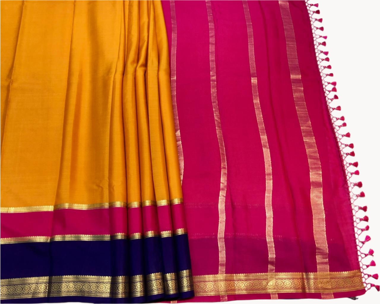 Mustard Mysore Silk With Red Pallu and Navy Border