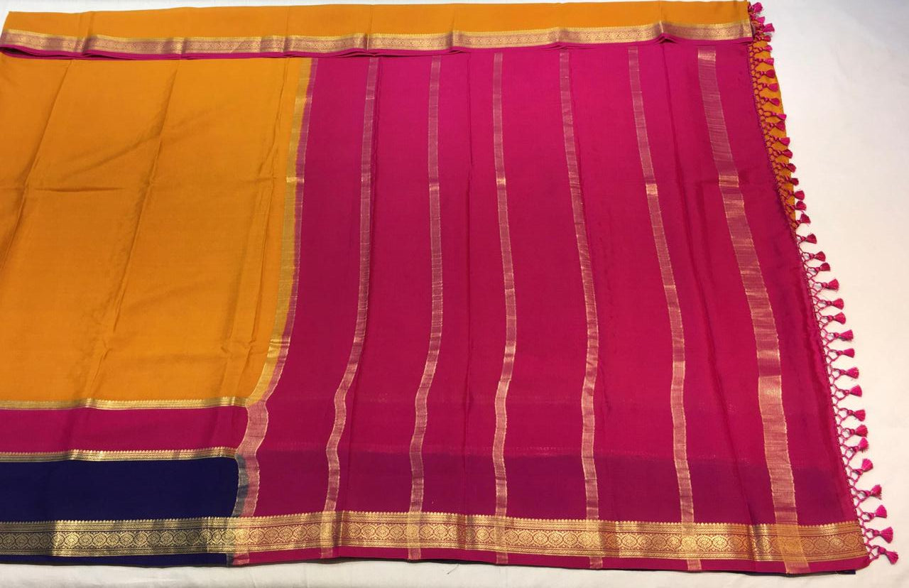 Mustard Mysore Silk With Red Pallu and Navy Border