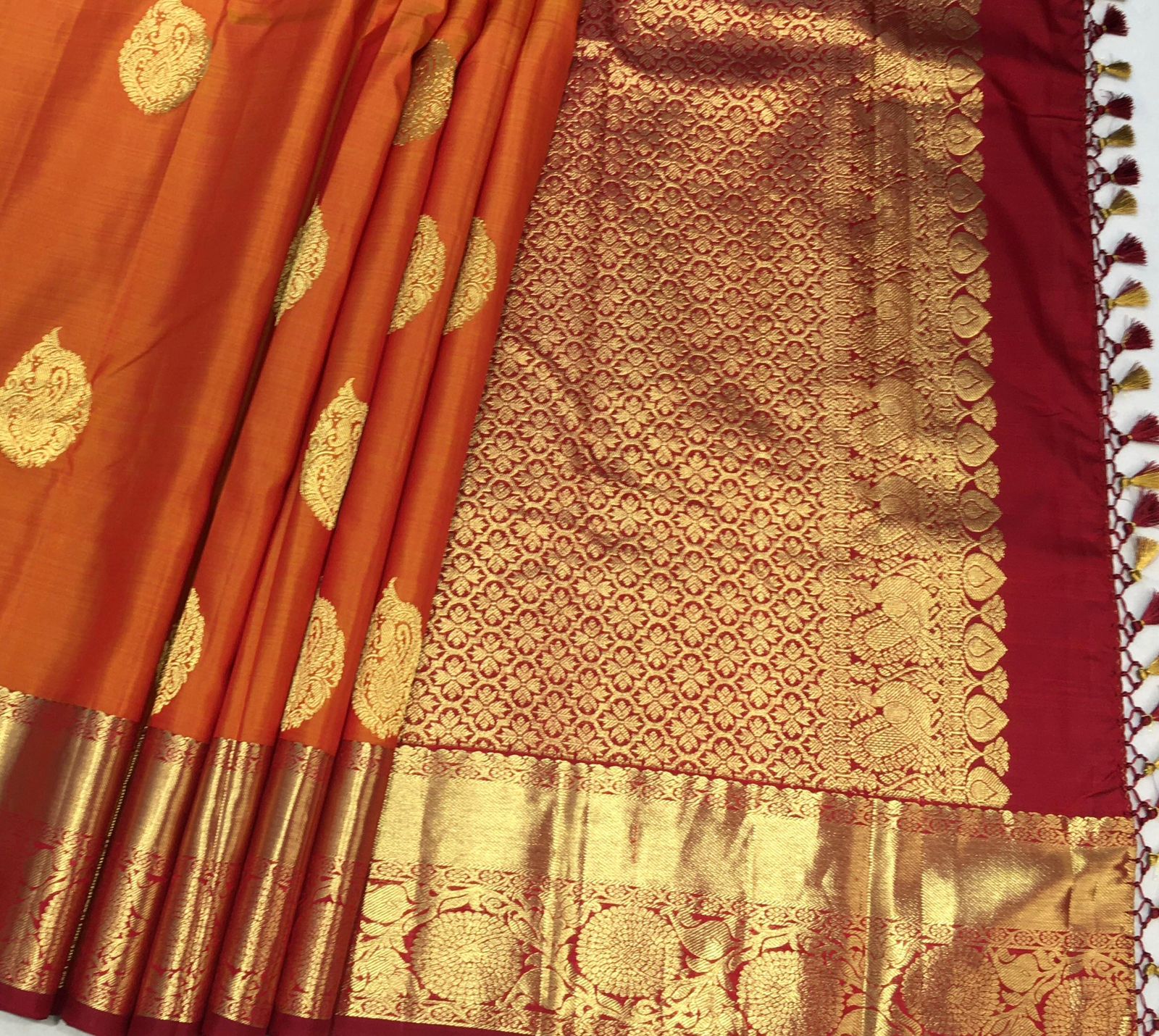 Dark Mustard Kanchi with red gold Pallu