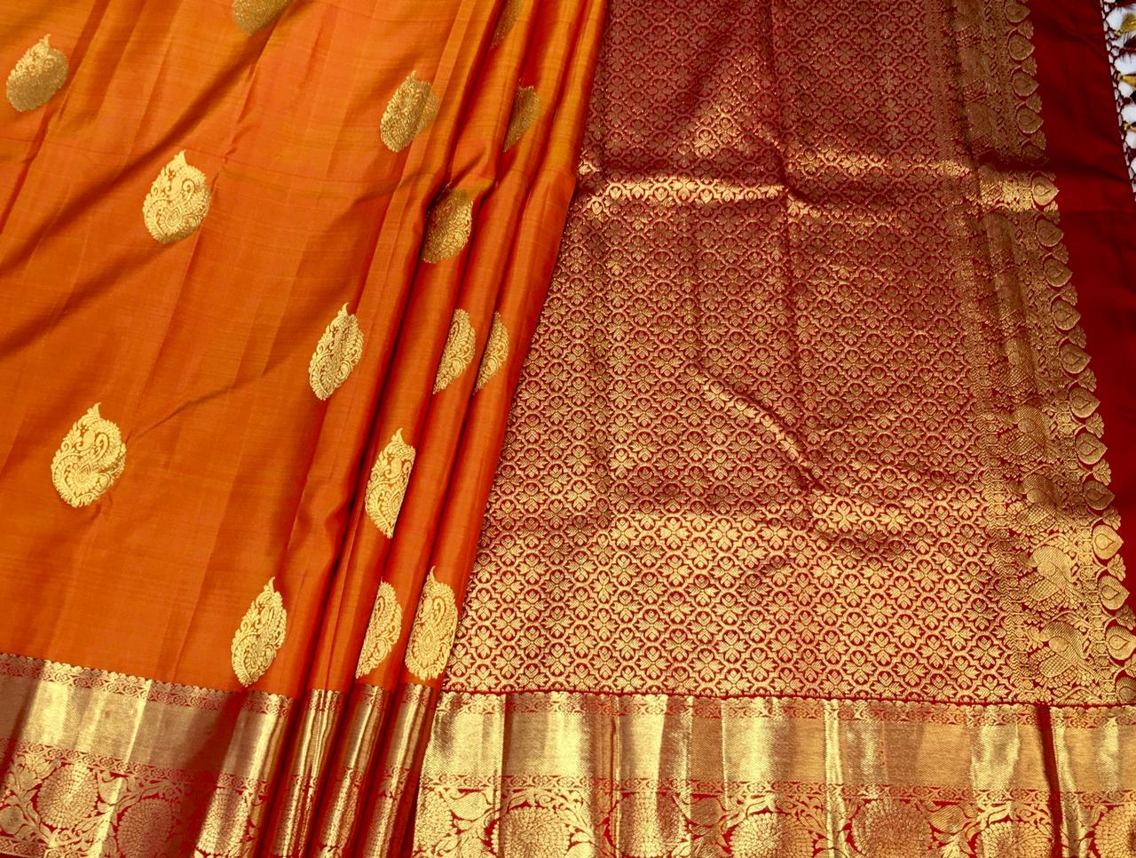 Dark Mustard Kanchi with red gold Pallu