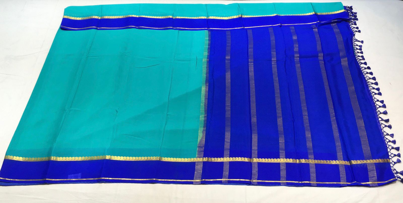 Deep Aqua Blue Mysore Silk With Royal Blue Pallu