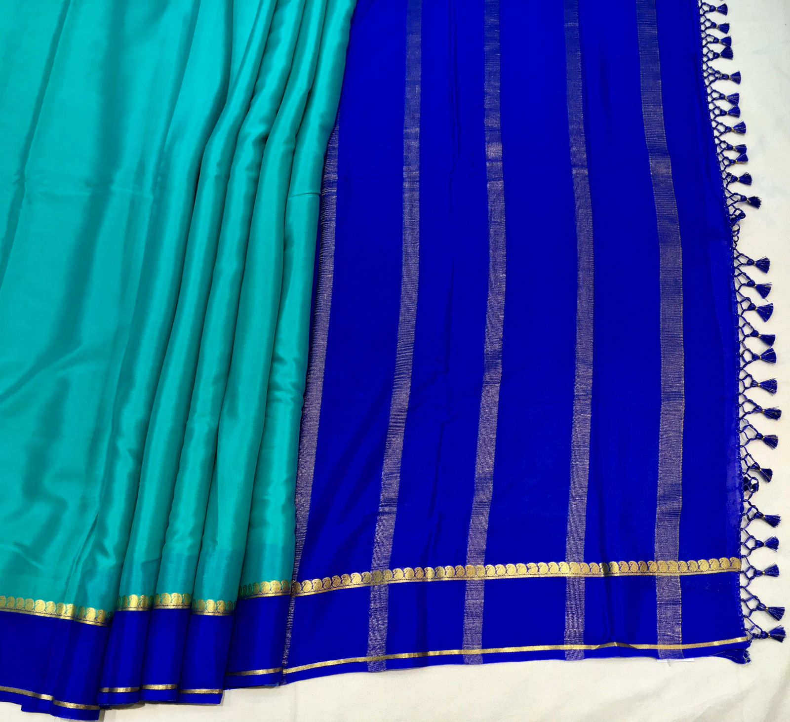 Deep Aqua Blue Mysore Silk With Royal Blue Pallu