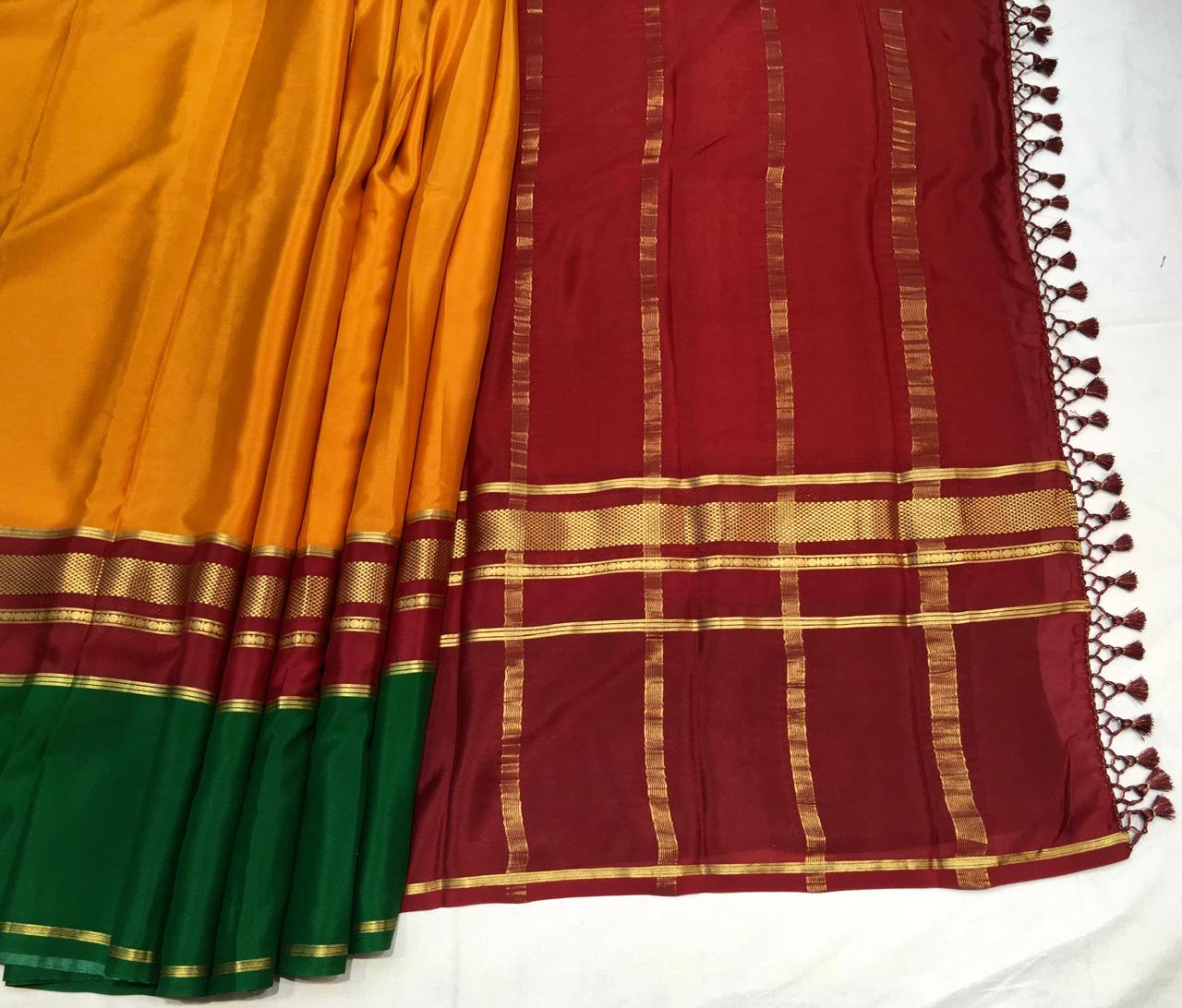 Mustard Mysore Silk With Maroon and Dark Green Border