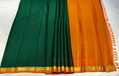 Green Checks Mysore Silk With Orange Pallu