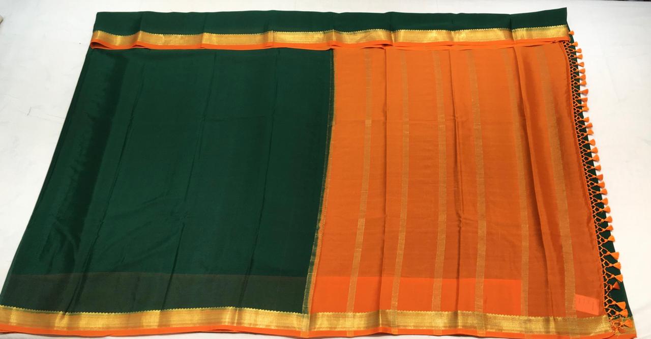 Green Checks Mysore Silk With Orange Pallu