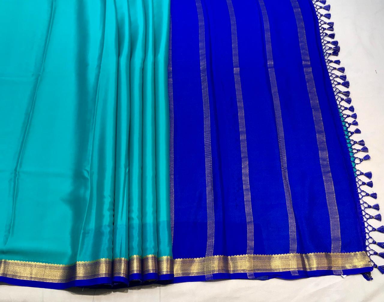 Bluish Cyan Mysore Silk With Royal Blue Pallu