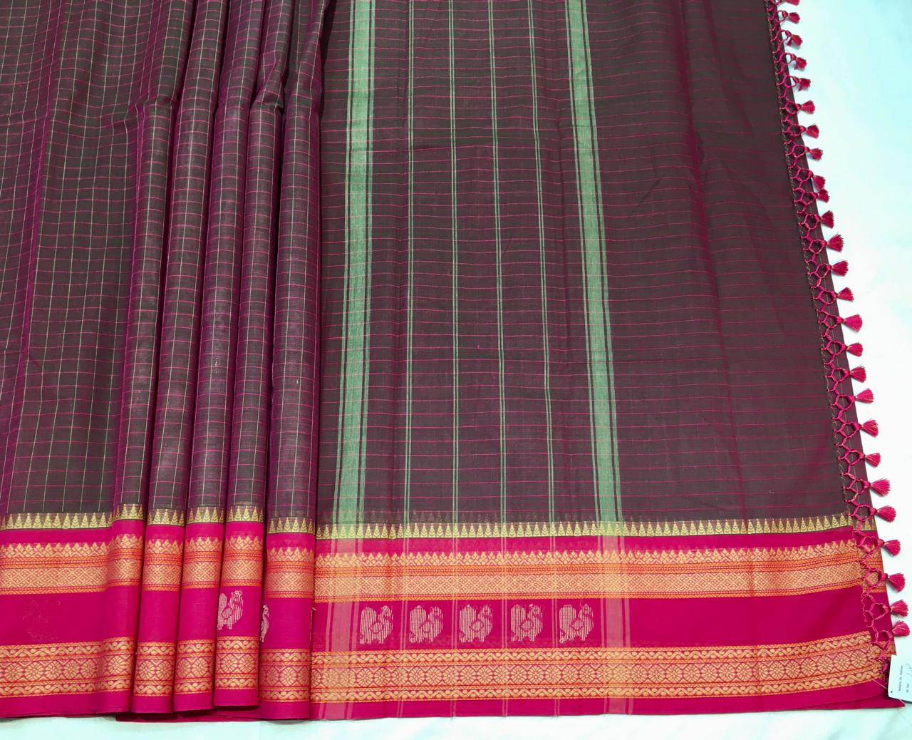 Coffee Checkered Korvai Cotton Saree Mulberry Border