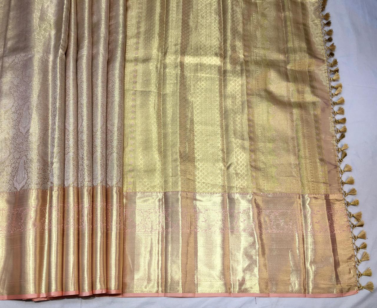 Brocade Gold Kanjivaram Silk Saree With peach Gold Zari