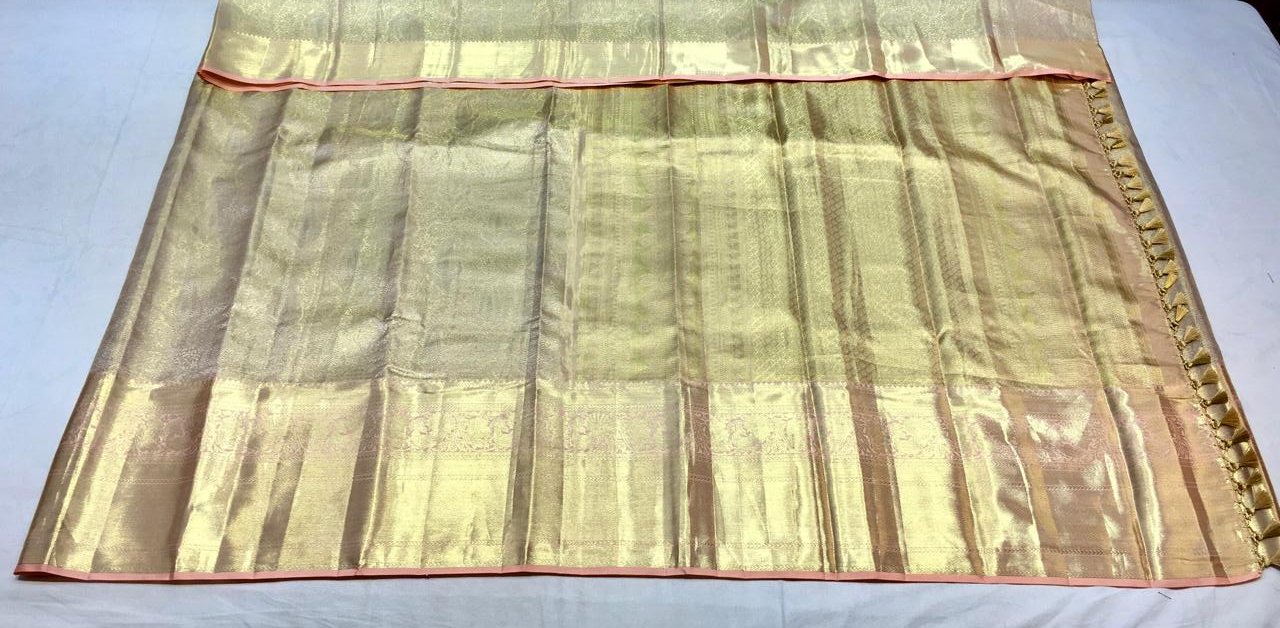 Brocade Gold Kanjivaram Silk Saree With peach Gold Zari