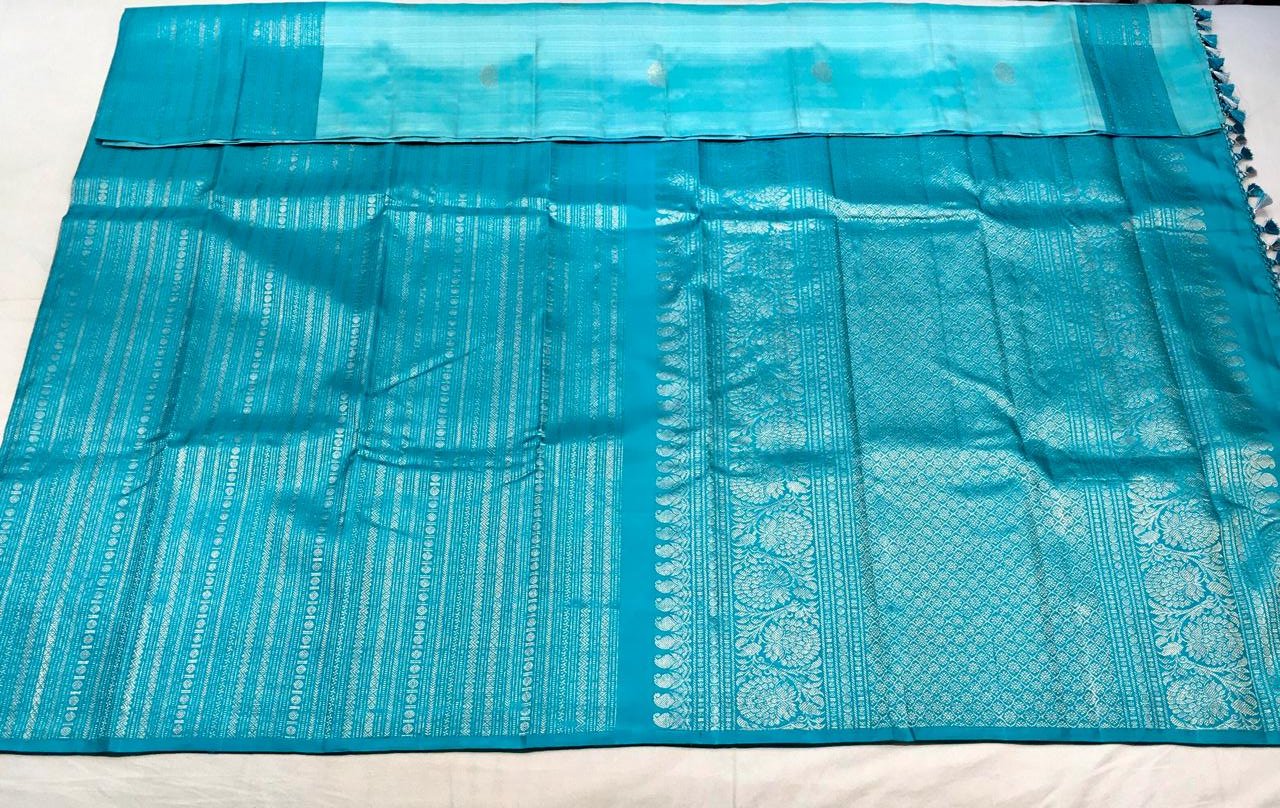 Deep Aqua Blue Kanjivaram Silk Borderless Saree