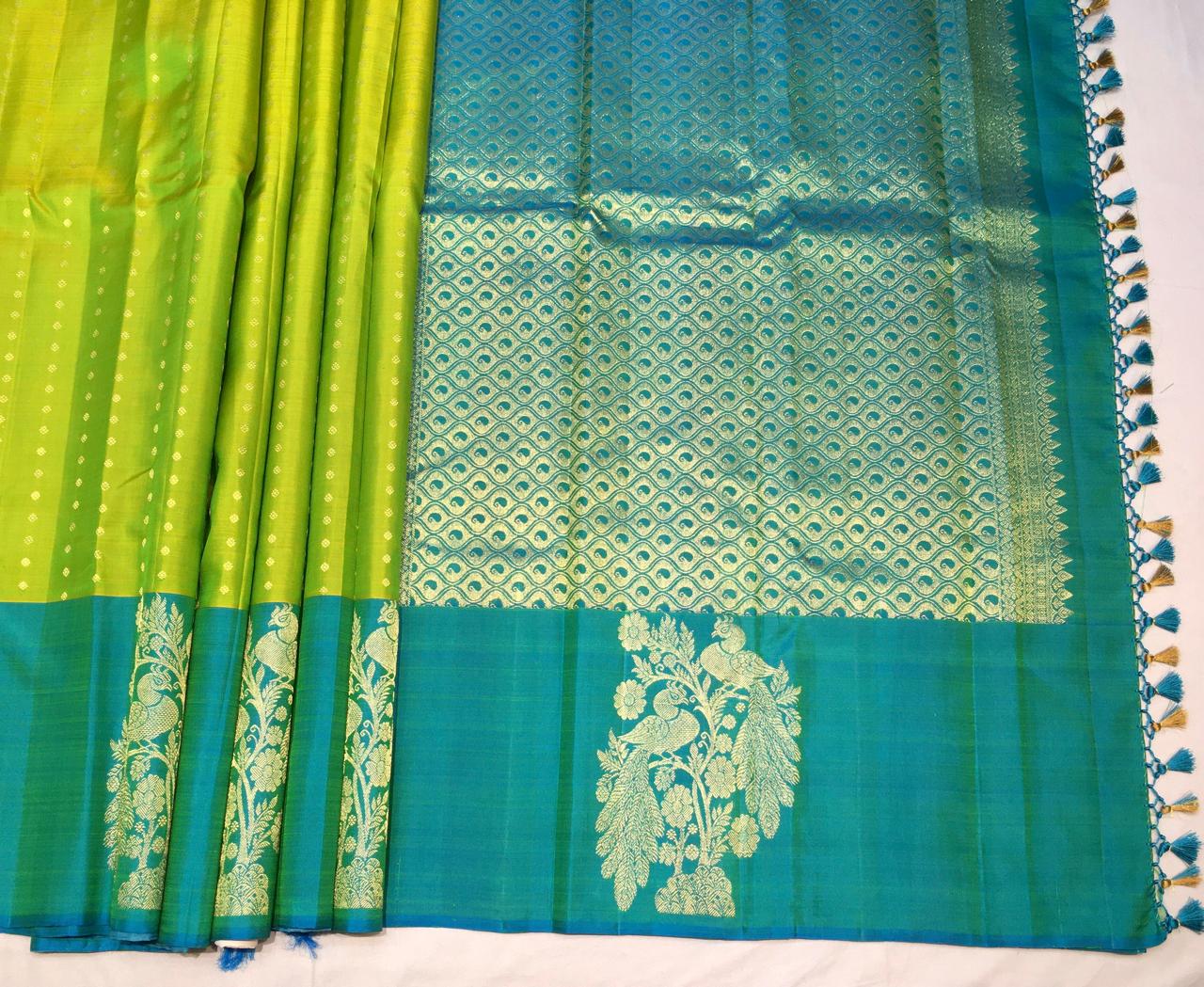 Citrine Green Kanchi With Aquamarine Pallu