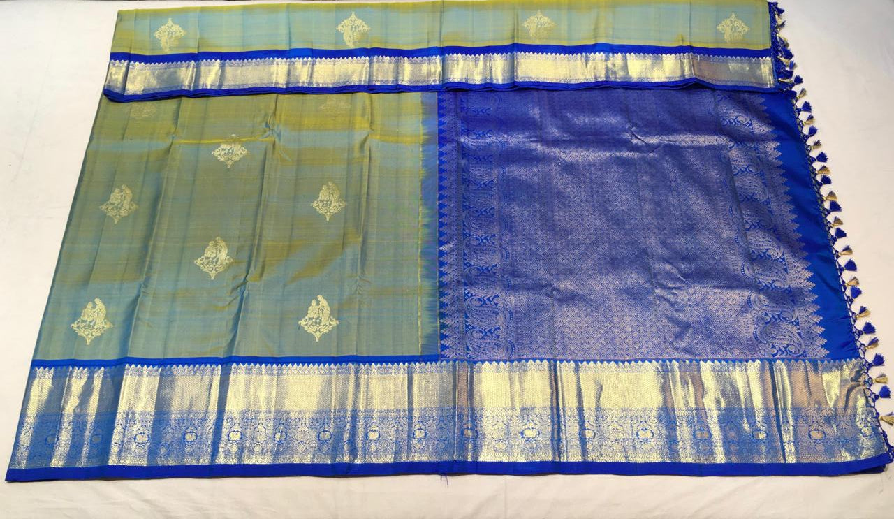 Smokey Green Kanjivaram Saree With Dark Blue Pallu