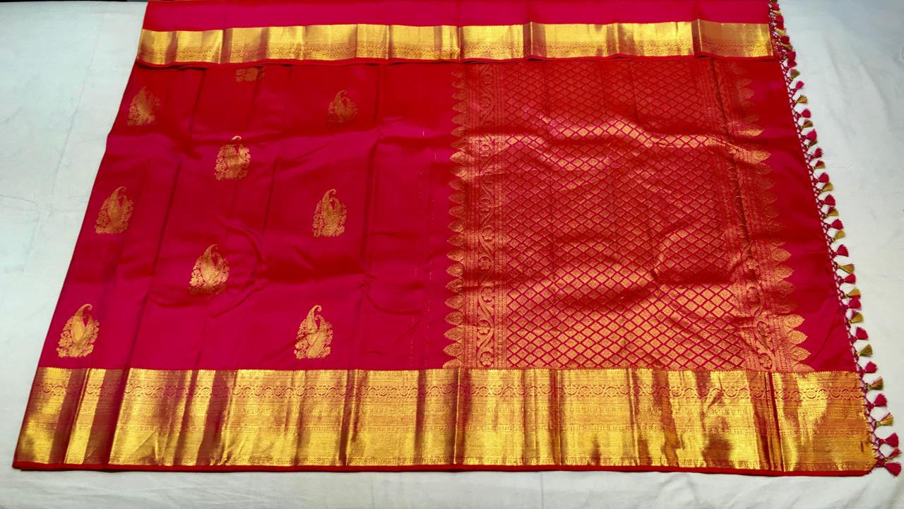 Lipstick Red Kanjivaram Saree With Broad Zari Border