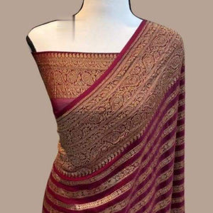 Wine Banarasi Georgette Saree - MIRASILKS Wine Banarasi Georgette Saree 