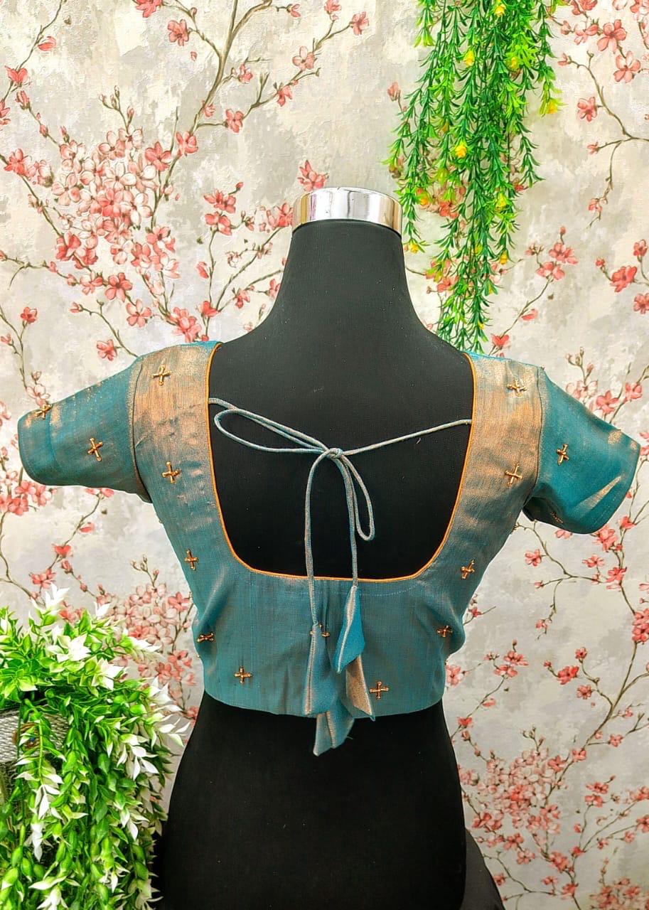 Goldish Blue Saree Blouse with Butta Work