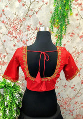 Coral Red Saree Blouse with Aari Work