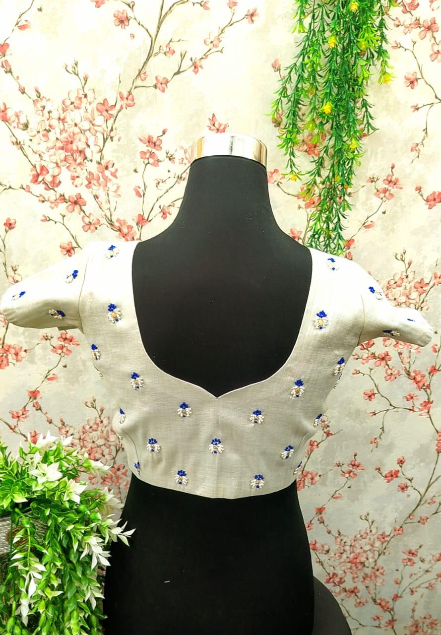 White Saree Blouse with White and Blue Pearl Embroidery