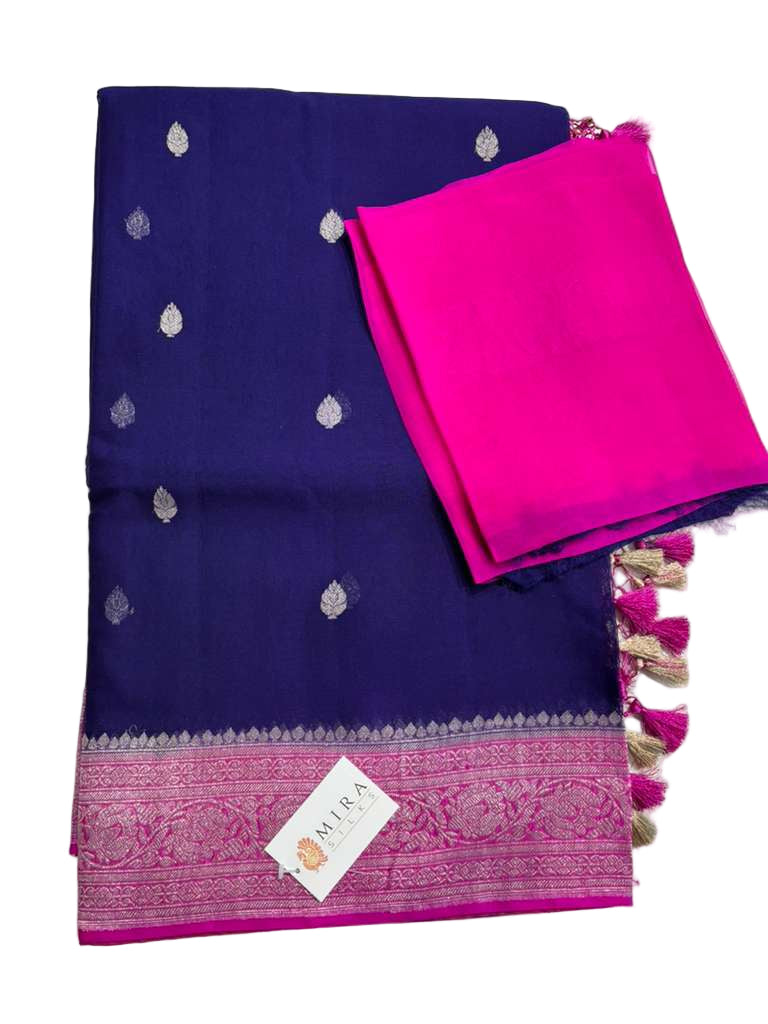 Dark Indigo Banaras Khaddi Saree with Deep Pink Border