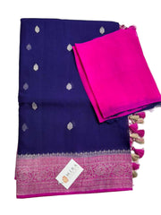 Dark Indigo Banaras Khaddi Saree with Deep Pink Border
