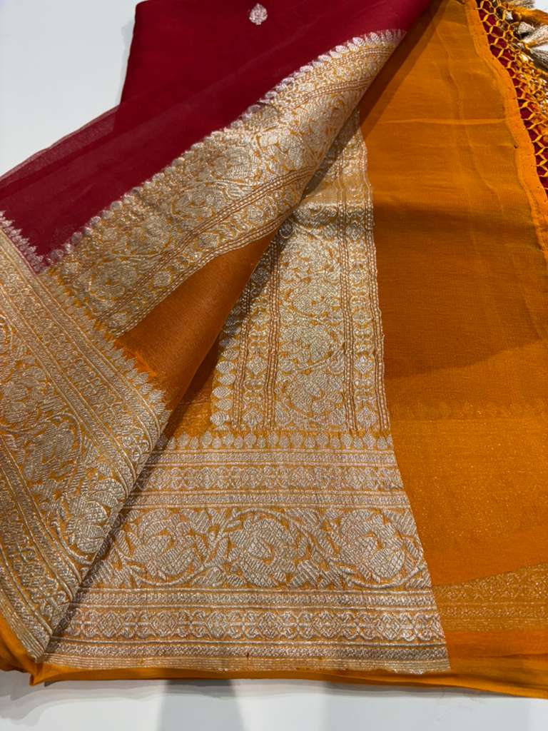 Bindi red Banaras Khaddi Saree