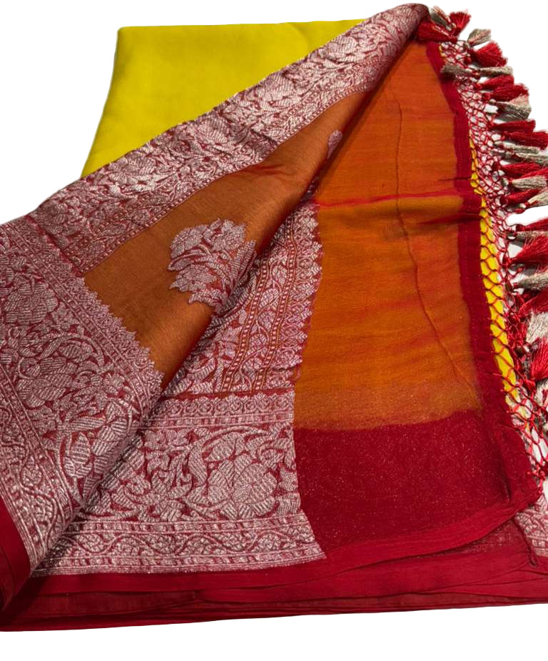 Yellow Banaras Khaddi with Paprika Red Border