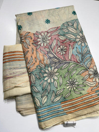 Pearl White Kantha work Tussar Silk Saree