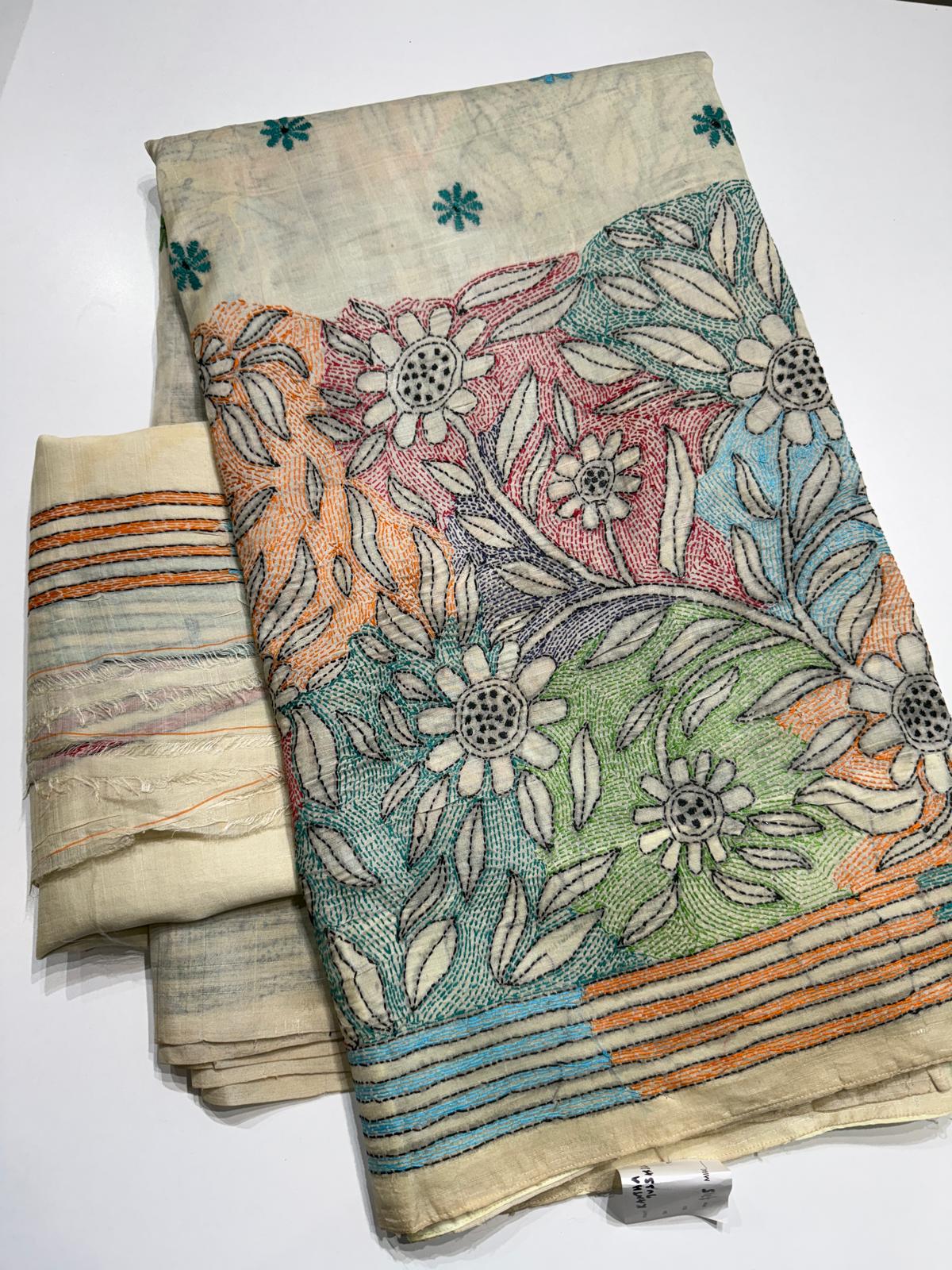 Pearl White Kantha work Tussar Silk Saree