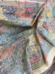 Pearl White Kantha work Tussar Silk Saree