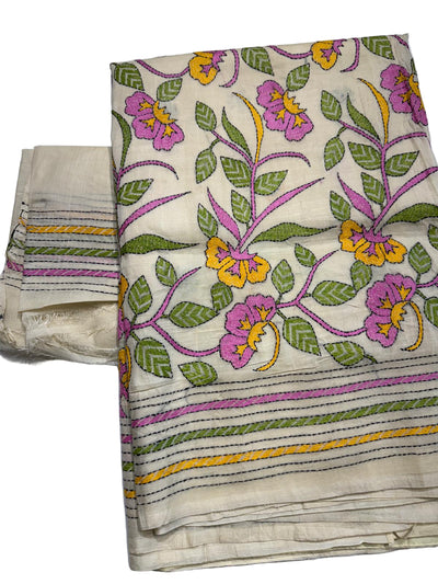 Off White Kantha work Tussar Silk Saree