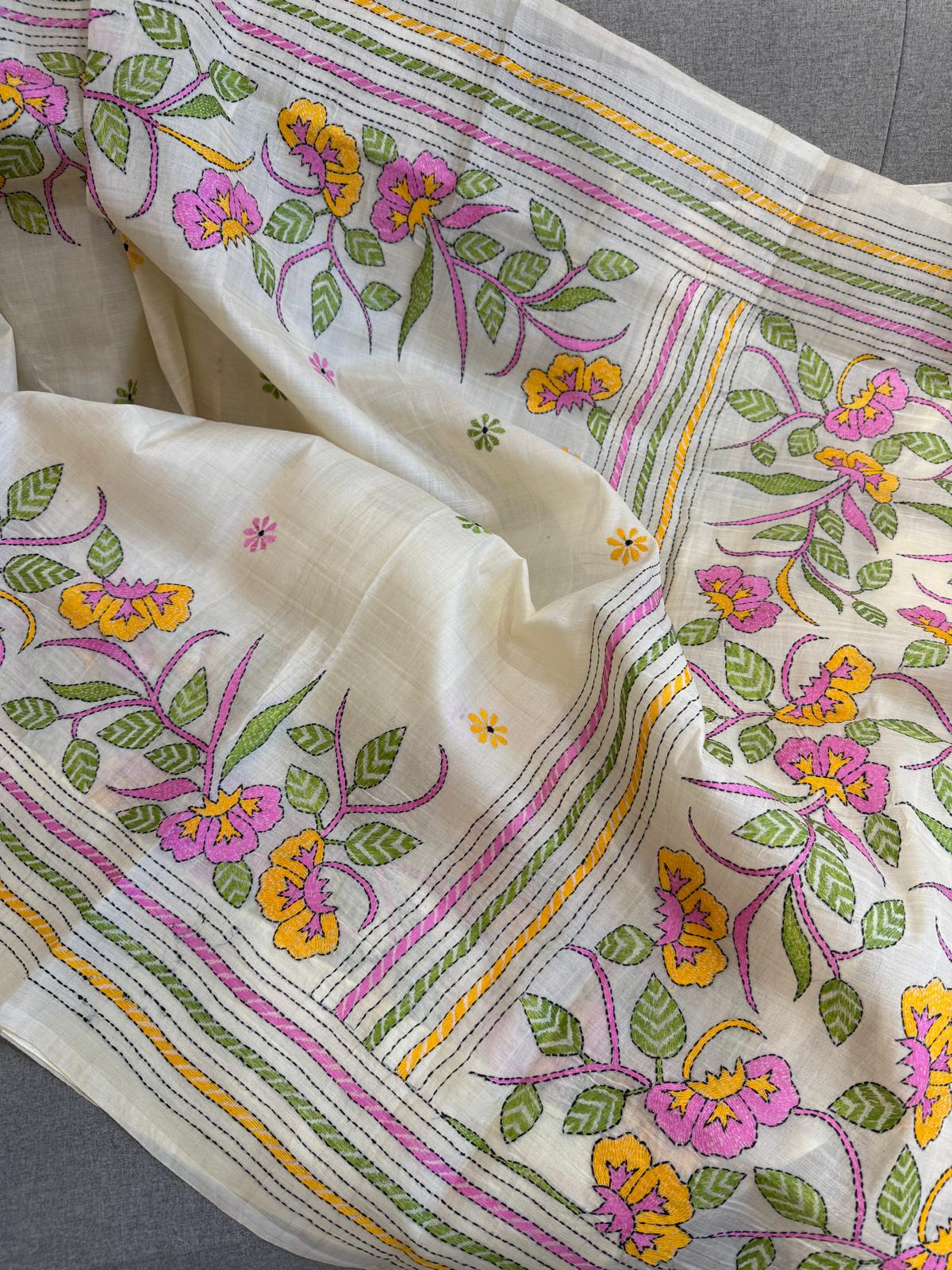 Off White Kantha work Tussar Silk Saree