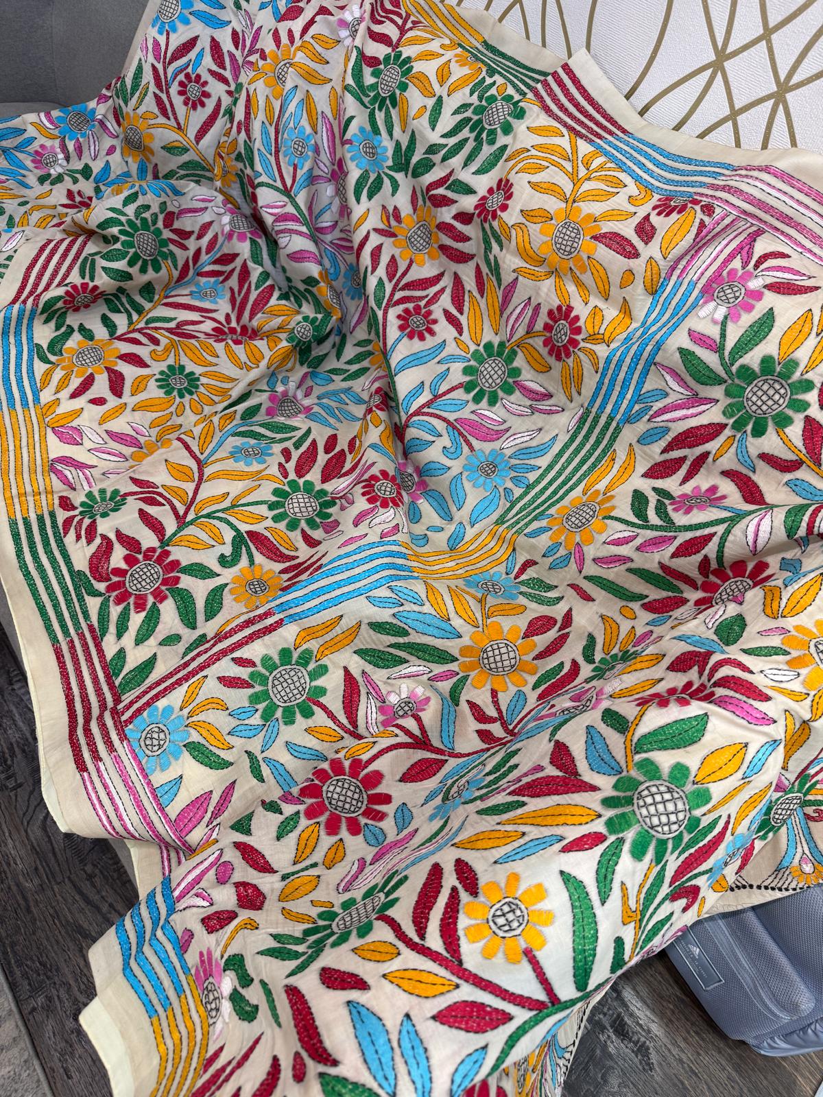 Cream Kantha Tussar Silk Saree with Bright Floral Design