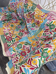 Cream Kantha Tussar Silk Saree with Bright Floral Design