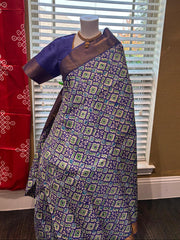 Violet Bengal Tussar Saree With White & Green Geometric Pattern