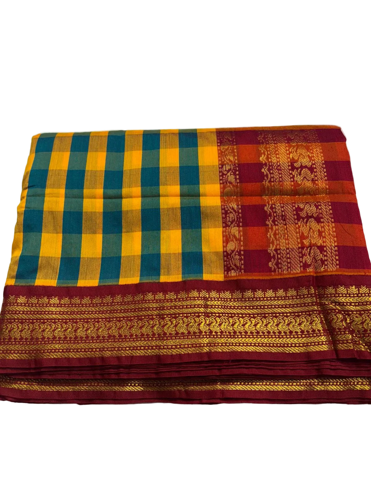 9 yards - Yellow and Teal Kattam Silk Cotton Saree