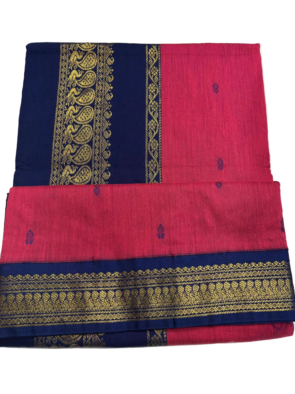 9 yards - Deep Carmine Silk Cotton Saree with Navy Border