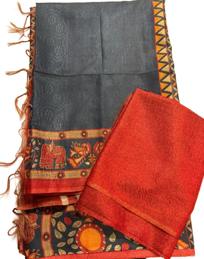 Cloudy Grey Ghicha Tussar Saree With Pastel Red Blouse