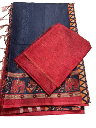 Charcoal Grey Ghicha Tussar Saree With Brick Red Blouse