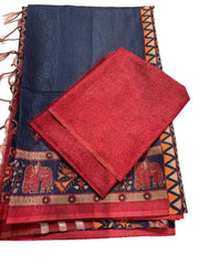 Charcoal Grey Ghicha Tussar Saree With Brick Red Blouse